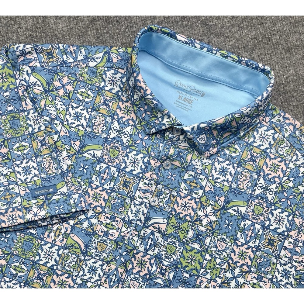Good Good Golf Polo Shirt Mens XL Blue Performance Floral Geometric Lagoon